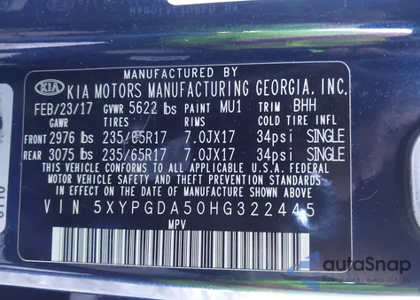 2017 Kia Sorento 3.3L Lx из США, поврежденный, VIN 5XYPGDA50HG322445